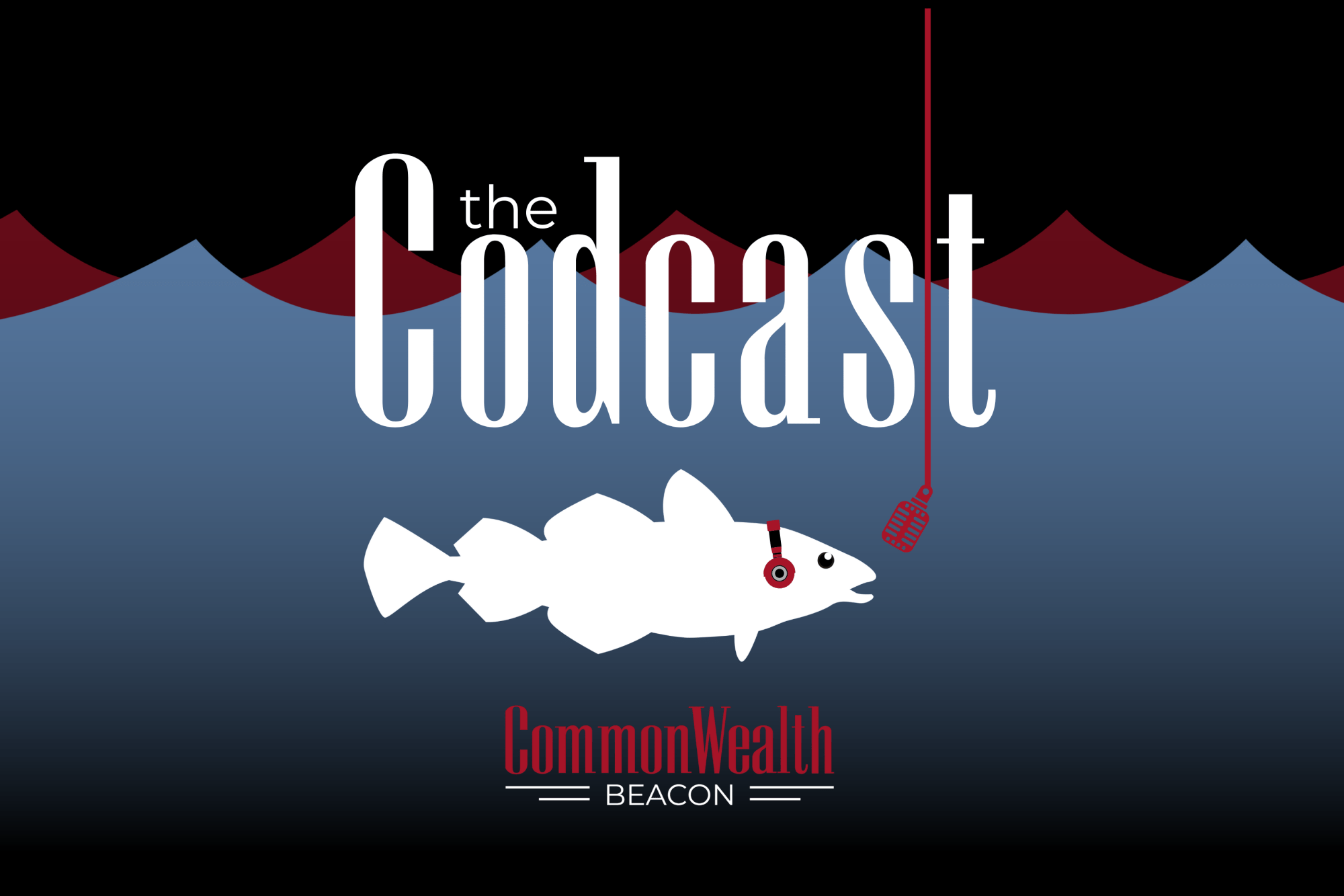 The Codcast from CommonWealth Beacon. Image of a cod fish wearing headphones and speaking into a microphone.