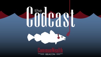 The Codcast from CommonWealth Beacon. Image of a cod fish wearing headphones and speaking into a microphone.